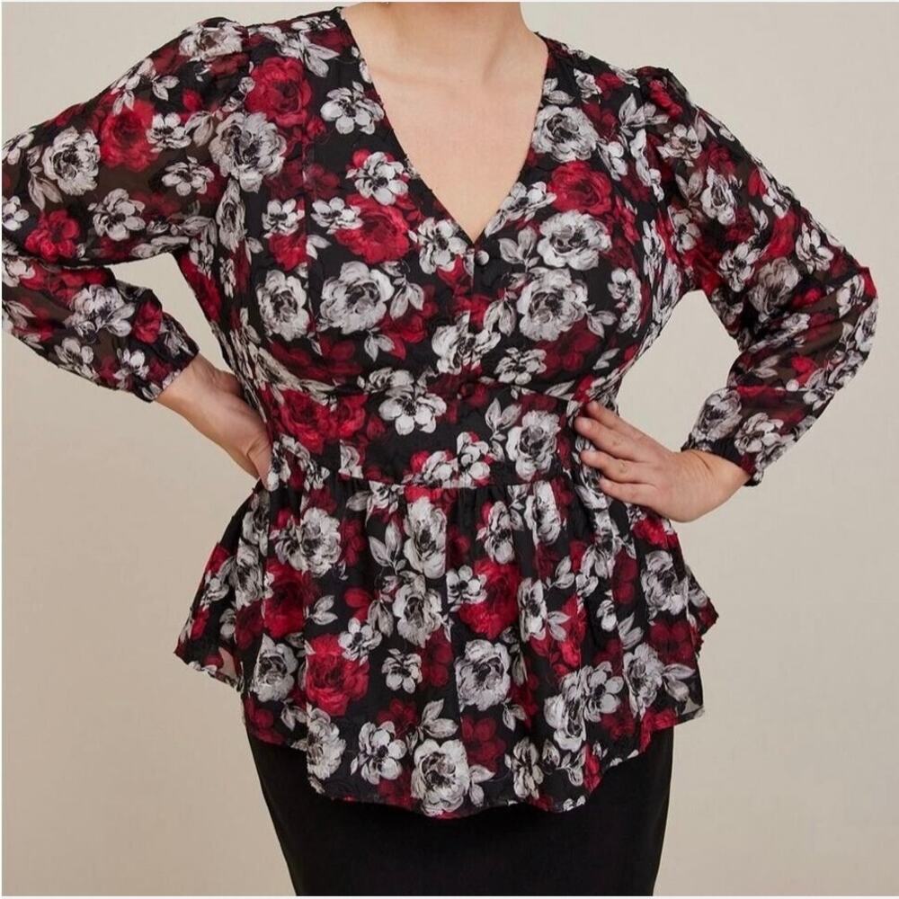 Torrid Peplum Chiffon Floral Blouson Sleeve Top Black Red Plus 3X